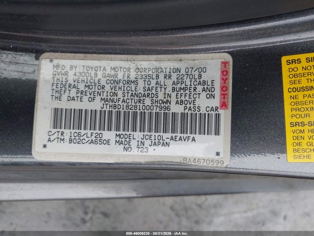 46009230 :رقم المزاد ، JTHBD182810007996 vin ، 2001 Lexus Is 300 مزاد بيع