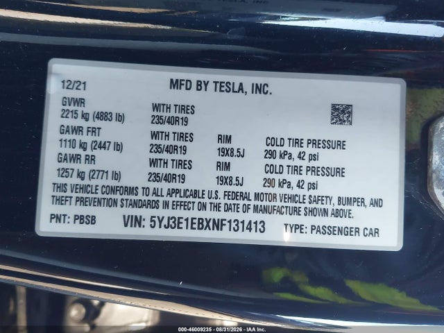 Tesla Model 3 Long Range Dual Motor All-wheel Drive 2022 5YJ3E1EBXNF131413 Image 9