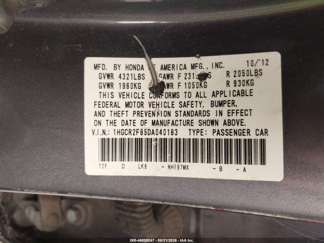 2013 Honda Accord Ex-l მანქანა იყიდება აუქციონზე, vin: 1HGCR2F85DA040183, აუქციონის ნომერი: 46009247