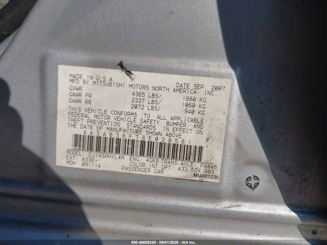 46009249 :رقم المزاد ، 4A3AB36F78E020561 vin ، 2008 Mitsubishi Galant Es مزاد بيع