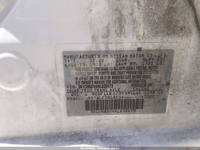 2022 Nissan Versa 1.6 S Xtronic Cvt მანქანა იყიდება აუქციონზე, vin: 3N1CN8DV4NL832473, აუქციონის ნომერი: 46009253