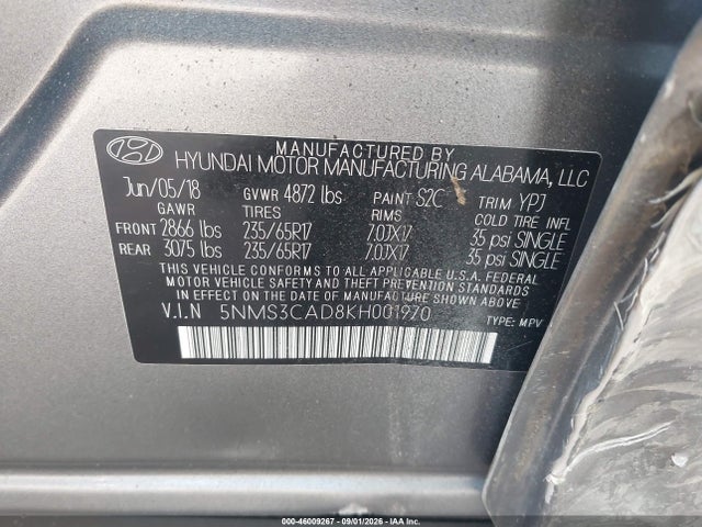 Продаж на аукціоні авто 2019 Hyundai Santa Fe Sel, vin: 5NMS3CAD8KH001970, номер лоту: 46009267