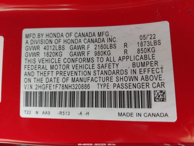 2022 Honda Civic Ex მანქანა იყიდება აუქციონზე, vin: 2HGFE1F78NH320886, აუქციონის ნომერი: 46009269