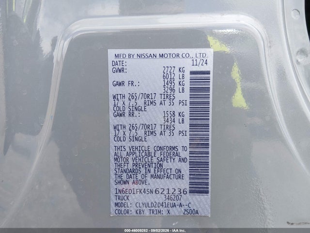Aukcja sprzedaży 2025 Nissan Frontier Long Bed Pro-4x 4x4, vin: 1N6ED1FK4SN621236, numer aukcji: 46009282
