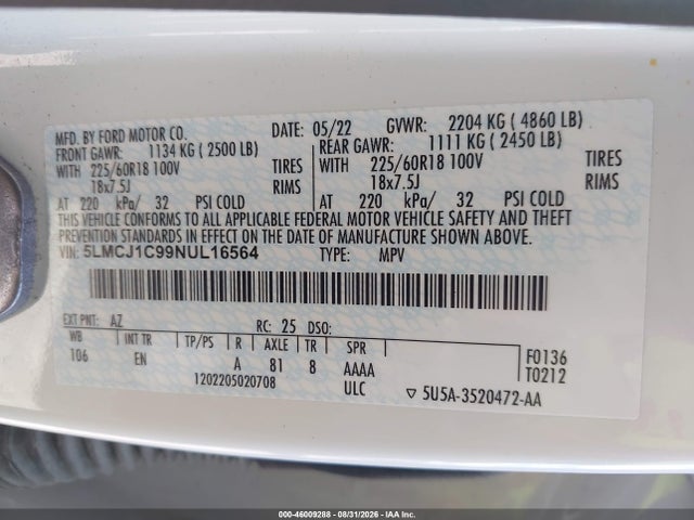 Продаж на аукціоні авто 2022 Lincoln Corsair Standard, vin: 5LMCJ1C99NUL16564, номер лоту: 46009288