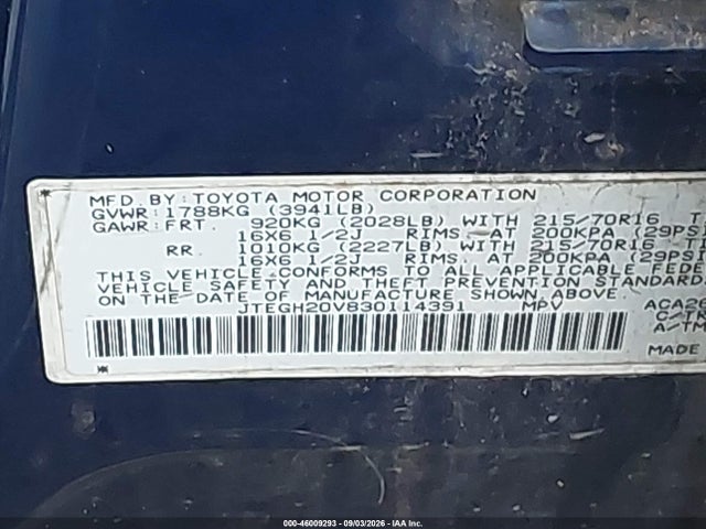 Aukcja sprzedaży 2003 Toyota Rav4, vin: JTEGH20V830114391, numer aukcji: 46009293