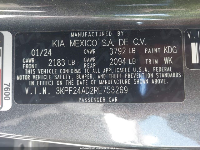 46009310 :رقم المزاد ، 3KPF24AD2RE753269 vin ، 2024 Kia Forte Lx مزاد بيع