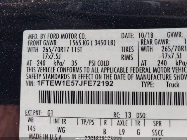 2018 Ford F-150 Xl მანქანა იყიდება აუქციონზე, vin: 1FTEW1E57JFE72192, აუქციონის ნომერი: 46009316
