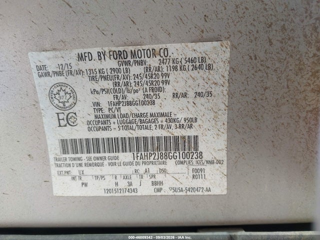 Продажа на аукционе авто 2016 Ford Taurus Limited, vin: 1FAHP2J88GG100238, номер лота: 46009342