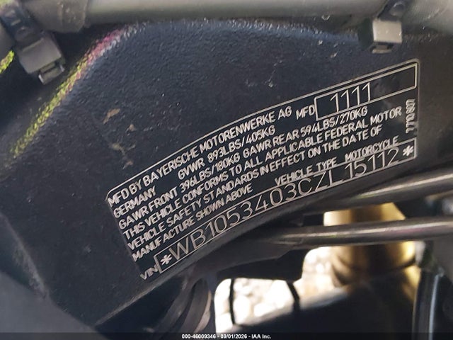 46009346 :رقم المزاد ، WB1053403CZL15112 vin ، 2012 Bmw S 1000 Rr مزاد بيع