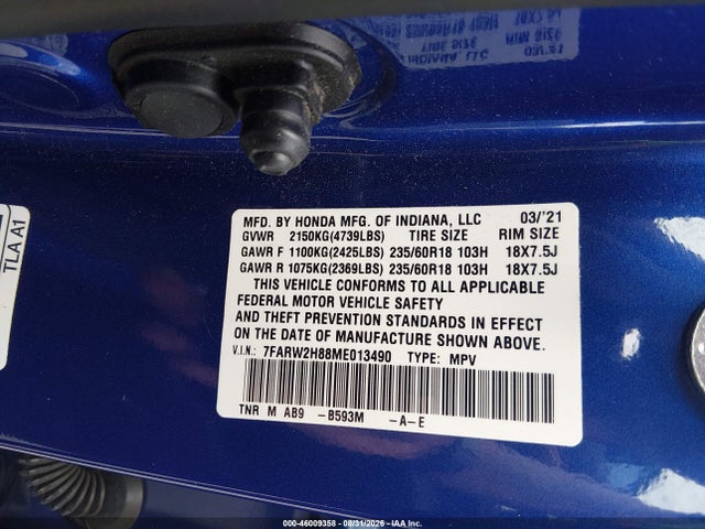 Продажа на аукционе авто 2021 Honda Cr-v Awd Ex-l, vin: 7FARW2H88ME013490, номер лота: 46009358