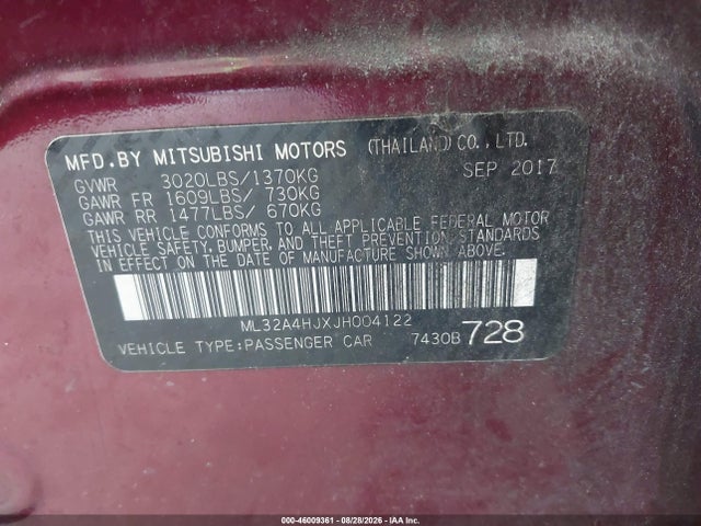 Aukcja sprzedaży 2018 Mitsubishi Mirage Se, vin: ML32A4HJXJH004122, numer aukcji: 46009361