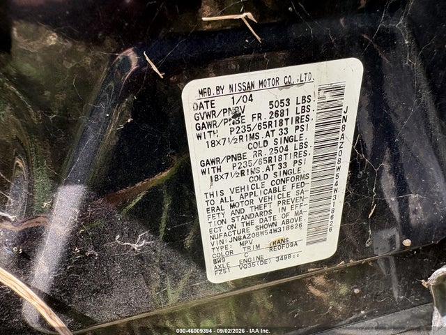 2004 Nissan Murano Sl მანქანა იყიდება აუქციონზე, vin: JN8AZ08W54W318626, აუქციონის ნომერი: 46009394