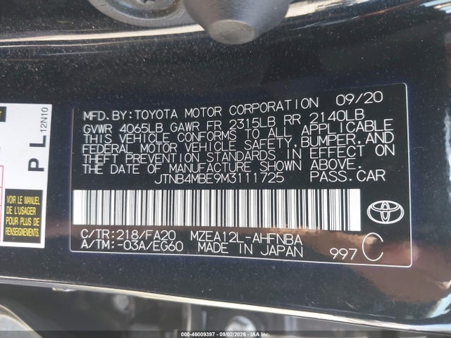 46009397 :رقم المزاد ، JTNB4MBE9M3111725 vin ، 2021 Toyota Corolla Se مزاد بيع