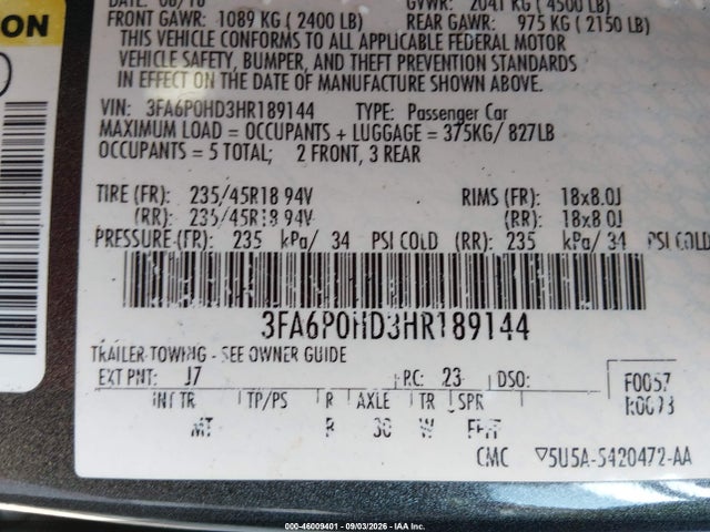 Продаж на аукціоні авто 2017 Ford Fusion Se, vin: 3FA6P0HD3HR189144, номер лоту: 46009401