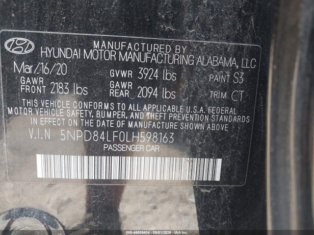 Продаж на аукціоні авто 2020 Hyundai Elantra Sel, vin: 5NPD84LF0LH598163, номер лоту: 46009404