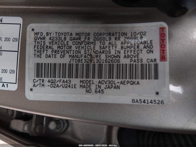 Aukcja sprzedaży 2003 Toyota Camry Xle, vin: JTDBE32K130162606, numer aukcji: 46009408