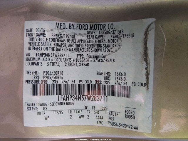 Продажа на аукционе авто 2007 Ford Focus S/se/ses, vin: 1FAHP34N57W283711, номер лота: 46009427