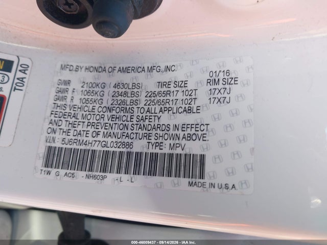 46009437 :رقم المزاد ، 5J6RM4H77GL032886 vin ، 2016 Honda Cr-v Ex-l مزاد بيع