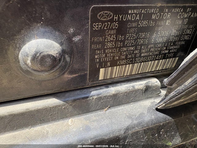 Aukcja sprzedaży 2006 Hyundai Santa Fe Gls, vin: KM8SC13D86U071481, numer aukcji: 46009444