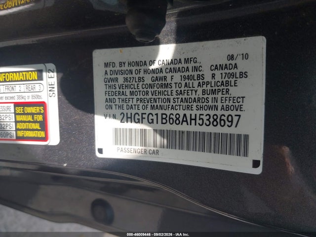 Aukcja sprzedaży 2010 Honda Civic Lx, vin: 2HGFG1B68AH538697, numer aukcji: 46009446