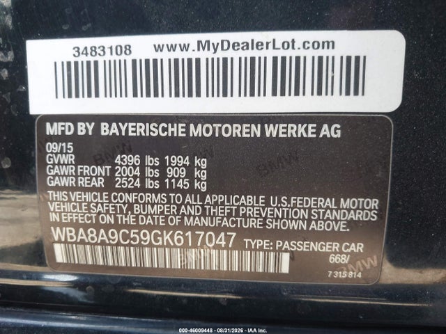 46009448 :رقم المزاد ، WBA8A9C59GK617047 vin ، 2016 Bmw 320i مزاد بيع