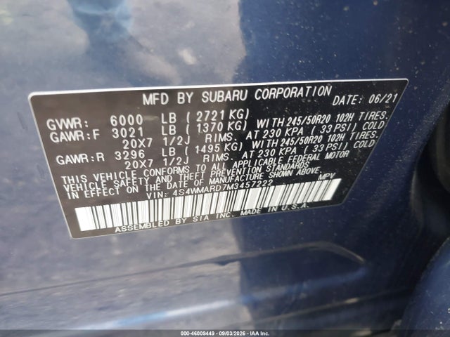 Продажа на аукционе авто 2021 Subaru Ascent Touring, vin: 4S4WMARD7M3457222, номер лота: 46009449