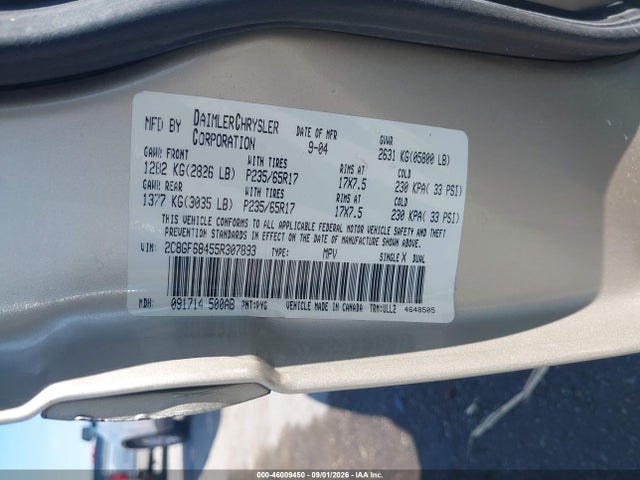 46009450 :رقم المزاد ، 2C8GF68455R307893 vin ، 2005 Chrysler Pacifica Touring مزاد بيع