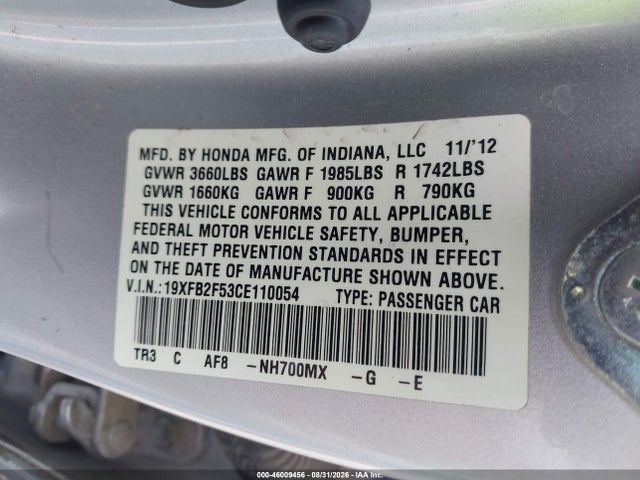 46009456 :رقم المزاد ، 19XFB2F53CE110054 vin ، 2012 Honda Civic Lx مزاد بيع