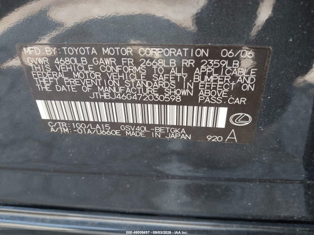 Aukcja sprzedaży 2007 Lexus Es 350, vin: JTHBJ46G472030598, numer aukcji: 46009457