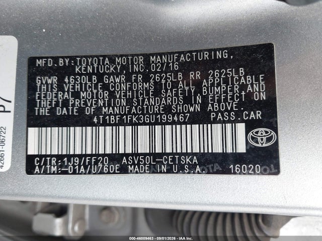 46009463 :رقم المزاد ، 4T1BF1FK3GU199467 vin ، 2016 Toyota Camry Se مزاد بيع