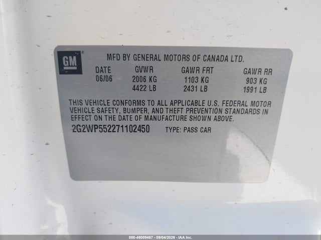 46009467 :رقم المزاد ، 2G2WP552271102450 vin ، 2007 Pontiac Grand Prix مزاد بيع
