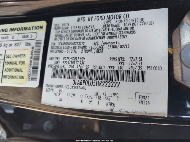 2017 Ford Fusion Hybrid Se მანქანა იყიდება აუქციონზე, vin: 3FA6P0LU5HR223222, აუქციონის ნომერი: 46009475