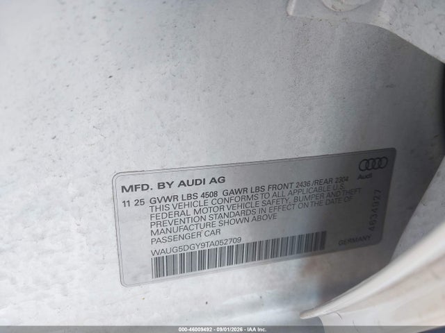 2026 Audi S3 Tfsi Quattro S Tronic მანქანა იყიდება აუქციონზე, vin: WAUG5DGY9TA052709, აუქციონის ნომერი: 46009492