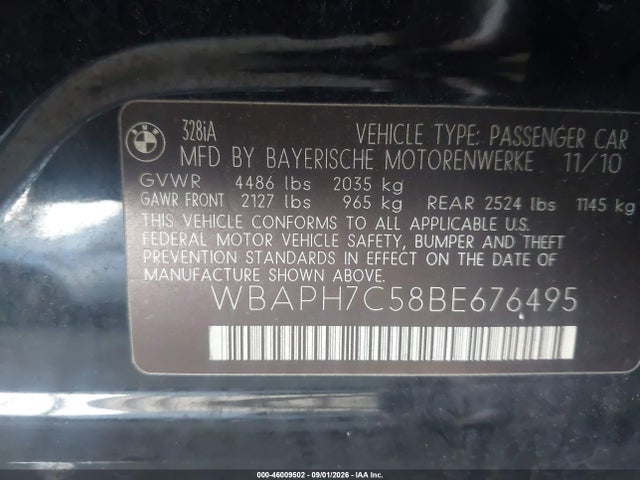 Продаж на аукціоні авто 2011 Bmw 328i, vin: WBAPH7C58BE676495, номер лоту: 46009502
