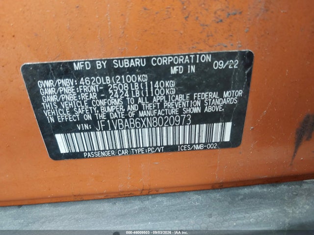 Продаж на аукціоні авто 2022 Subaru Wrx, vin: JF1VBAB6XN8020973, номер лоту: 46009503