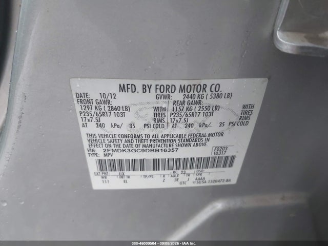 Auction sale of the 2013 Ford Edge Se, vin: 2FMDK3GC9DBB16357, lot number: 46009504