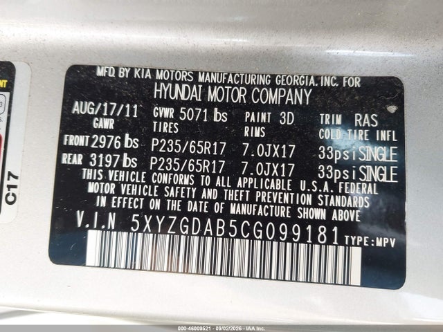 46009521 :رقم المزاد ، 5XYZGDAB5CG099181 vin ، 2012 Hyundai Santa Fe Gls مزاد بيع