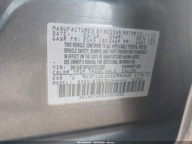 Продажа на аукционе авто 2018 Nissan Sentra S, vin: 3N1AB7AP8JY321250, номер лота: 46009528