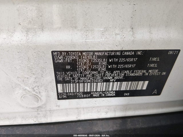 46009548 :رقم المزاد ، 2T3P1RFV0MC234063 vin ، 2021 Toyota Rav4 Xle مزاد بيع