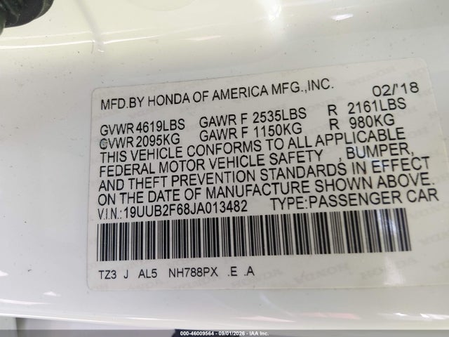 46009564 :رقم المزاد ، 19UUB2F68JA013482 vin ، 2018 Acura Tlx Tech   A-spec Pkgs مزاد بيع