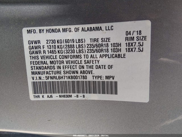 46009571 :رقم المزاد ، 5FNRL6H71KB001780 vin ، 2019 Honda Odyssey Ex-l مزاد بيع