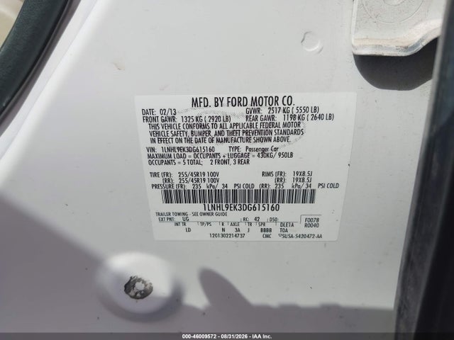 46009572 :رقم المزاد ، 1LNHL9EK3DG615160 vin ، 2013 Lincoln Mks مزاد بيع