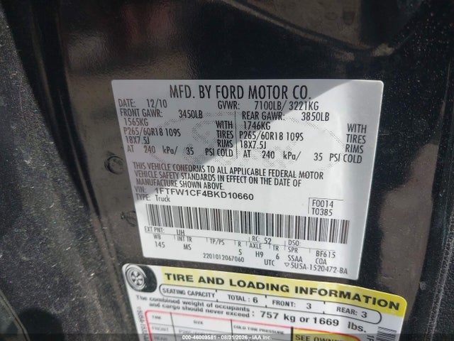 Продажа на аукционе авто 2011 Ford F-150 Xlt, vin: 1FTFW1CF4BKD10660, номер лота: 46009581