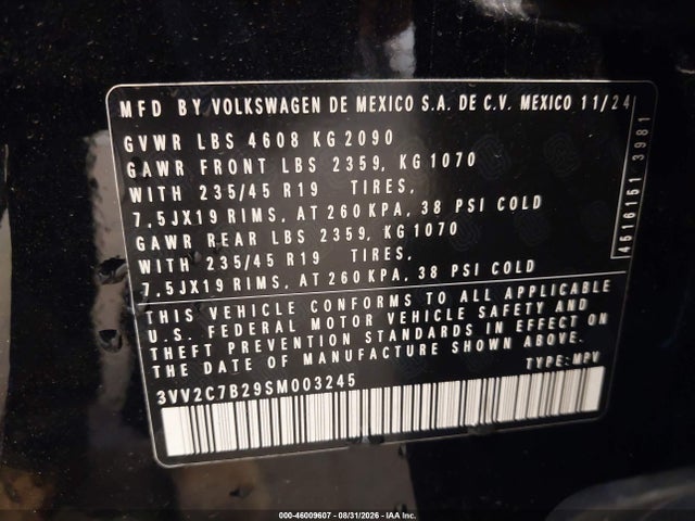 Aukcja sprzedaży 2025 Volkswagen Taos 1.5t Se Black, vin: 3VV2C7B29SM003245, numer aukcji: 46009607