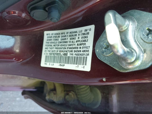 46009611 :رقم المزاد ، 19XFB2F80DE274860 vin ، 2013 Honda Civic Ex مزاد بيع