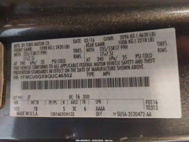 Продаж на аукціоні авто 2016 Ford Escape Se, vin: 1FMCU0GX9GUC46502, номер лоту: 46009618