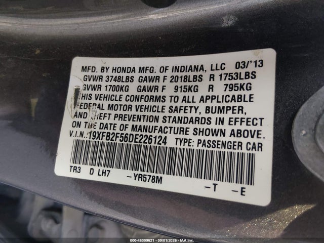 46009621 :رقم المزاد ، 19XFB2F56DE226124 vin ، 2013 Honda Civic Lx مزاد بيع
