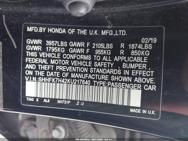 Aukcja sprzedaży 2019 Honda Civic Sport, vin: SHHFK7H42KU217640, numer aukcji: 46009623