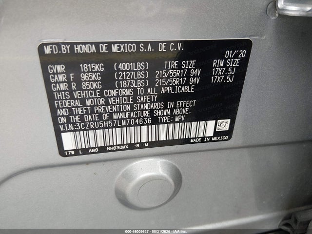 Продажа на аукционе авто 2020 Honda Hr-v 2wd Ex, vin: 3CZRU5H57LM704636, номер лота: 46009637